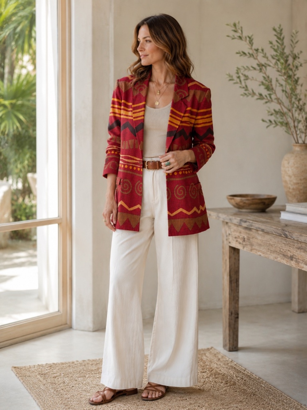 Vintage Linda Allard Ellen Tracy Linen Southwestern Print Blazer Size 10